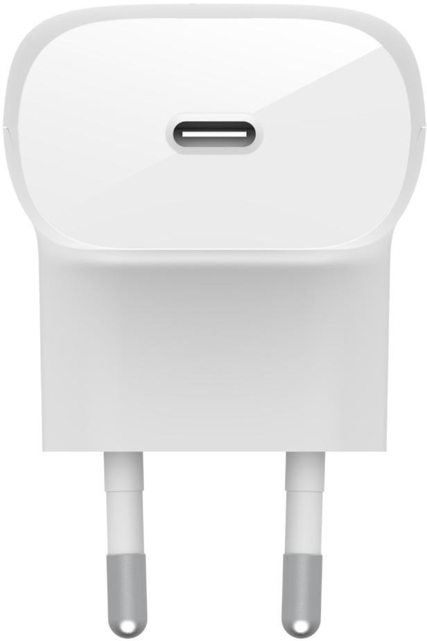 A white wall charger with a USB-C port and two prongs for a European outlet.