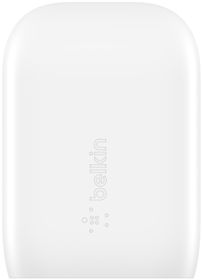 White rectangular device with rounded corners, featuring a Belkin logo.