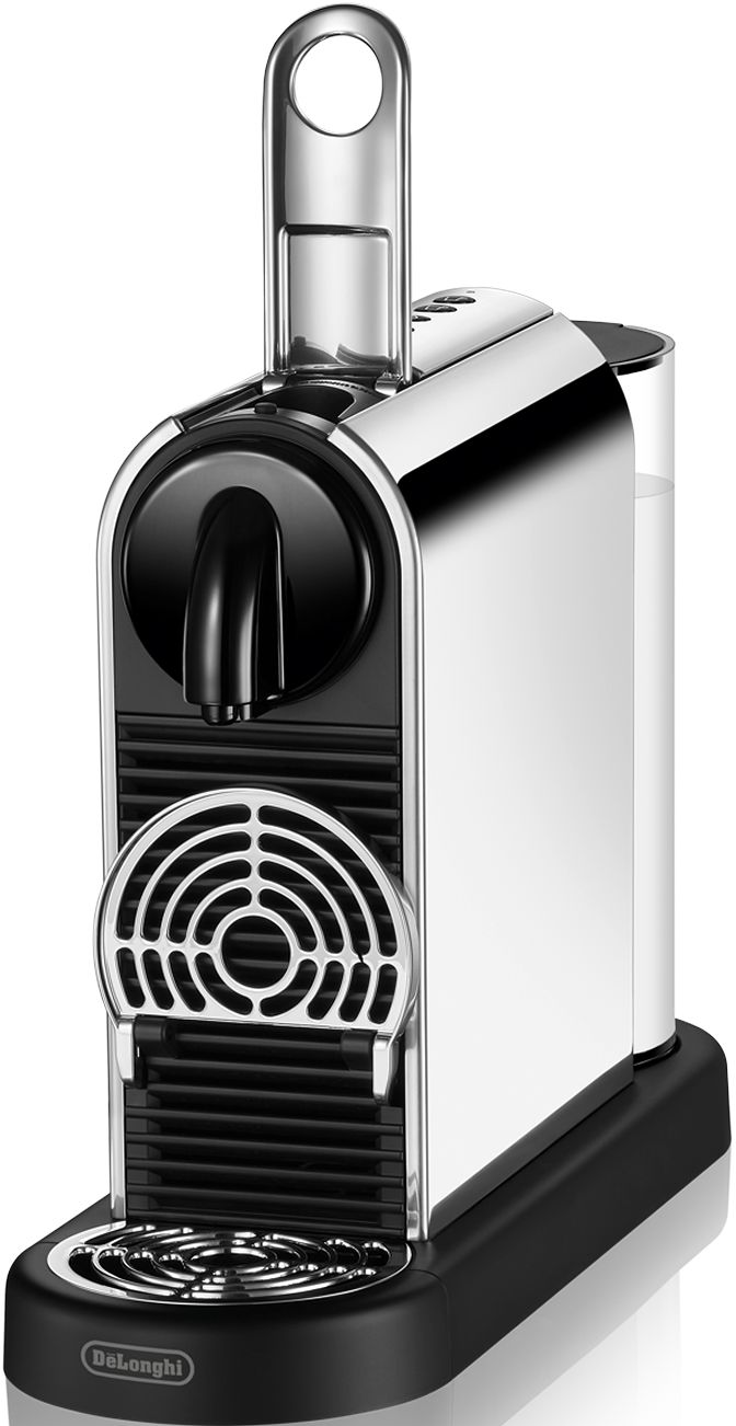 Eine silberne und schwarze DeLonghi Nespresso-Maschine. Sie hat einen Wassertank, einen Griff und ein kreisförmiges Design.