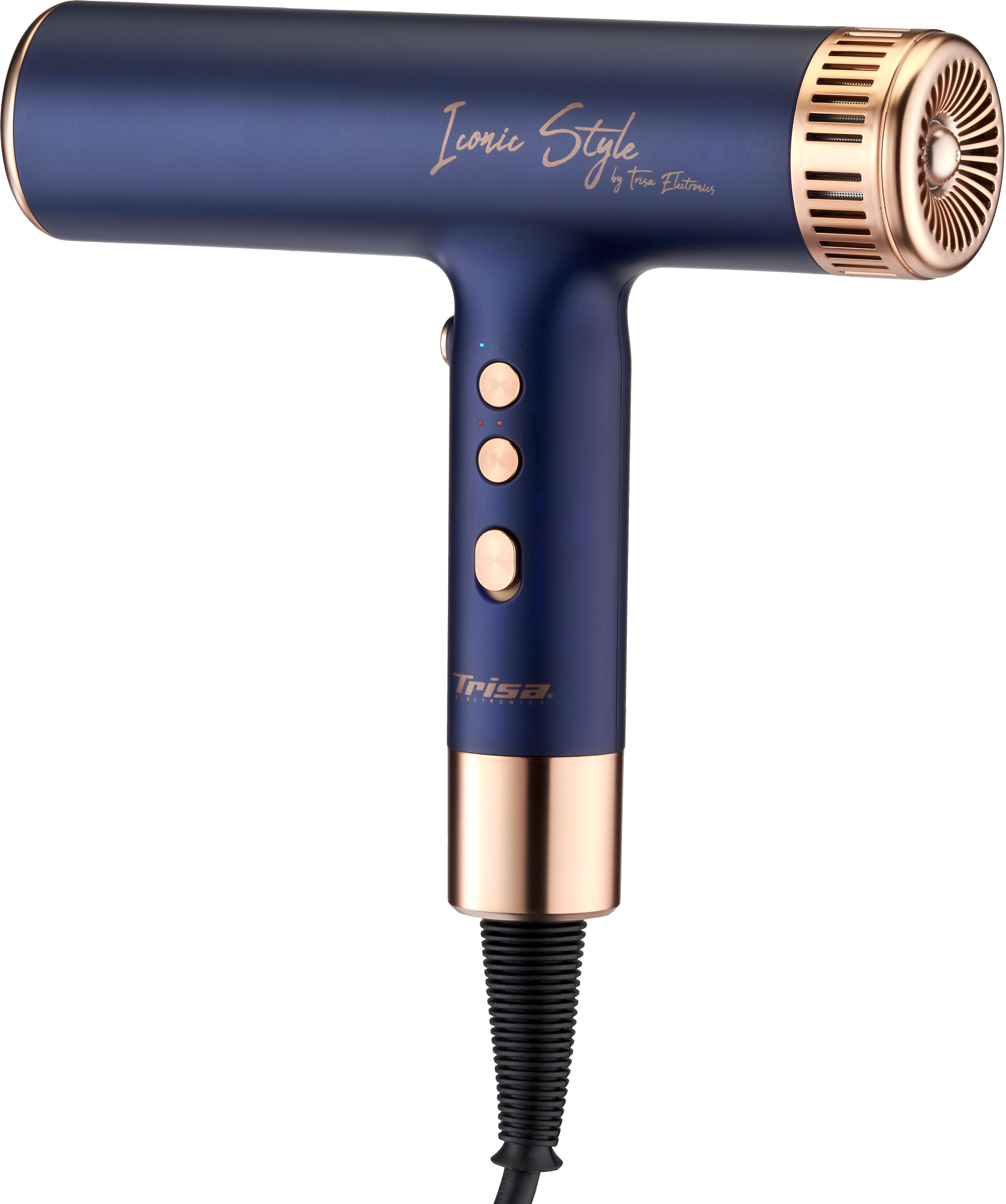 Asciugacapelli blu con dettagli dorati. Iconic Style di Trisa Electronics.