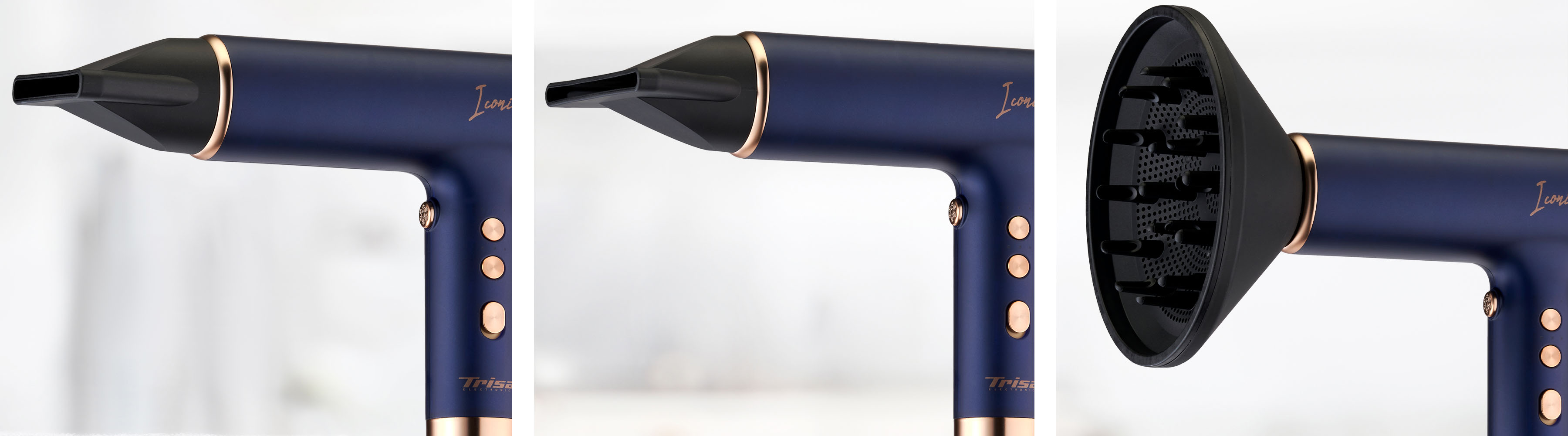Tre immagini di un asciugacapelli blu con diversi accessori e finitura ramata.