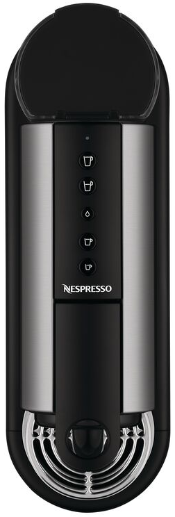 Schwarze Nespresso-Kaffeemaschine, vertikale Frontansicht. Mit Knöpfen und Düse.