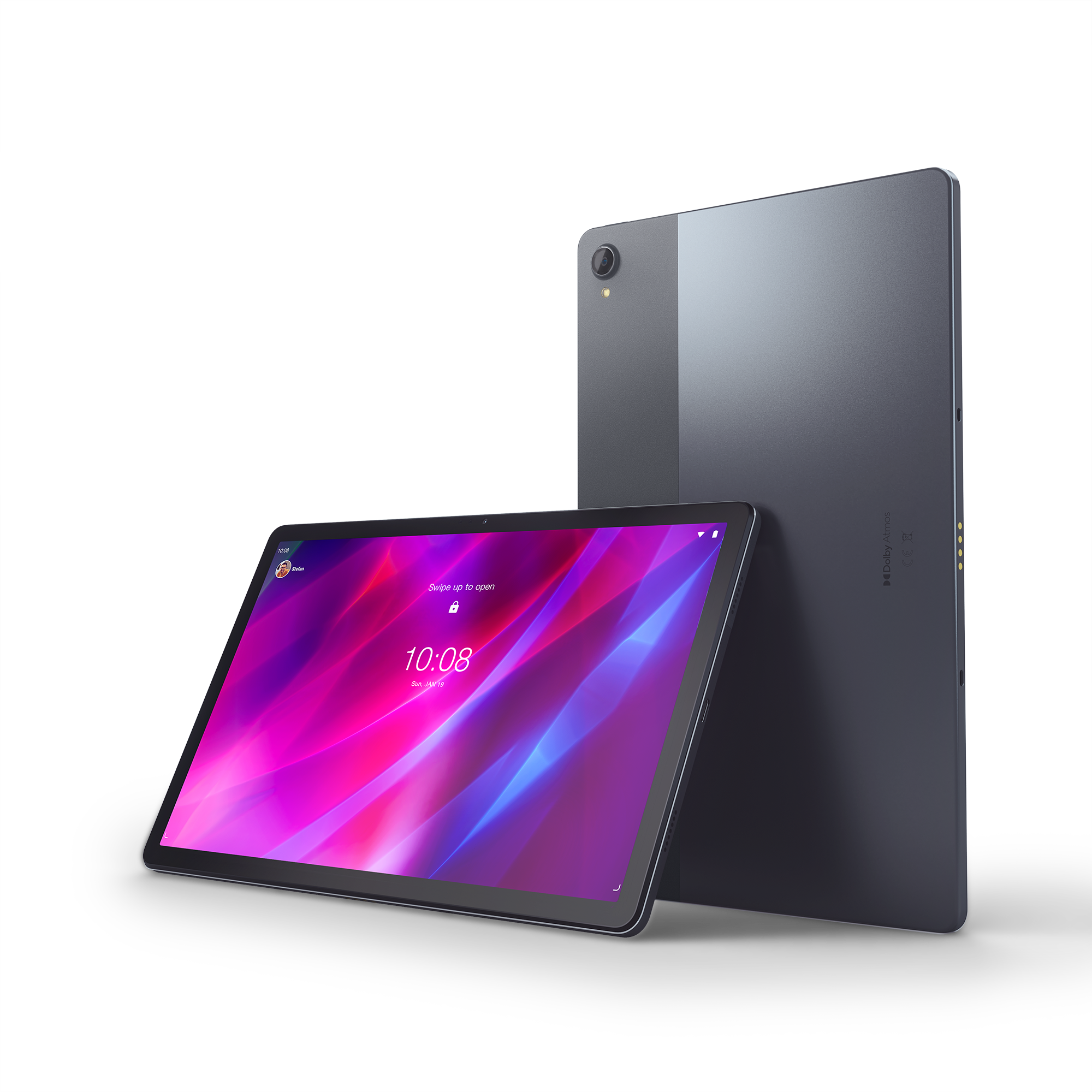 Zwei graue Tablets. Eines abgewinkelt, zeigt Bildschirm, rosa und lila Hintergrund. Schwarzer Hintergrund.