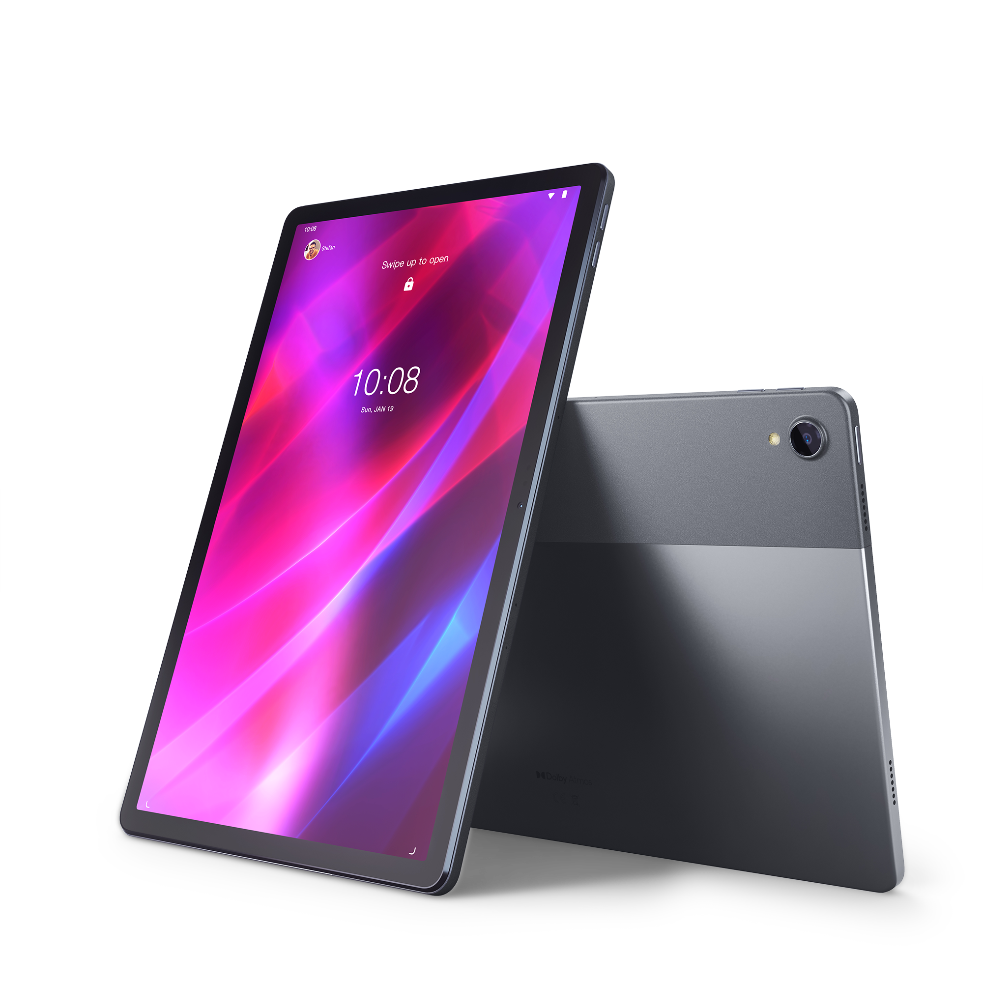 Ein schwarzes und graues Tablet mit farbenfrohem Bildschirm.