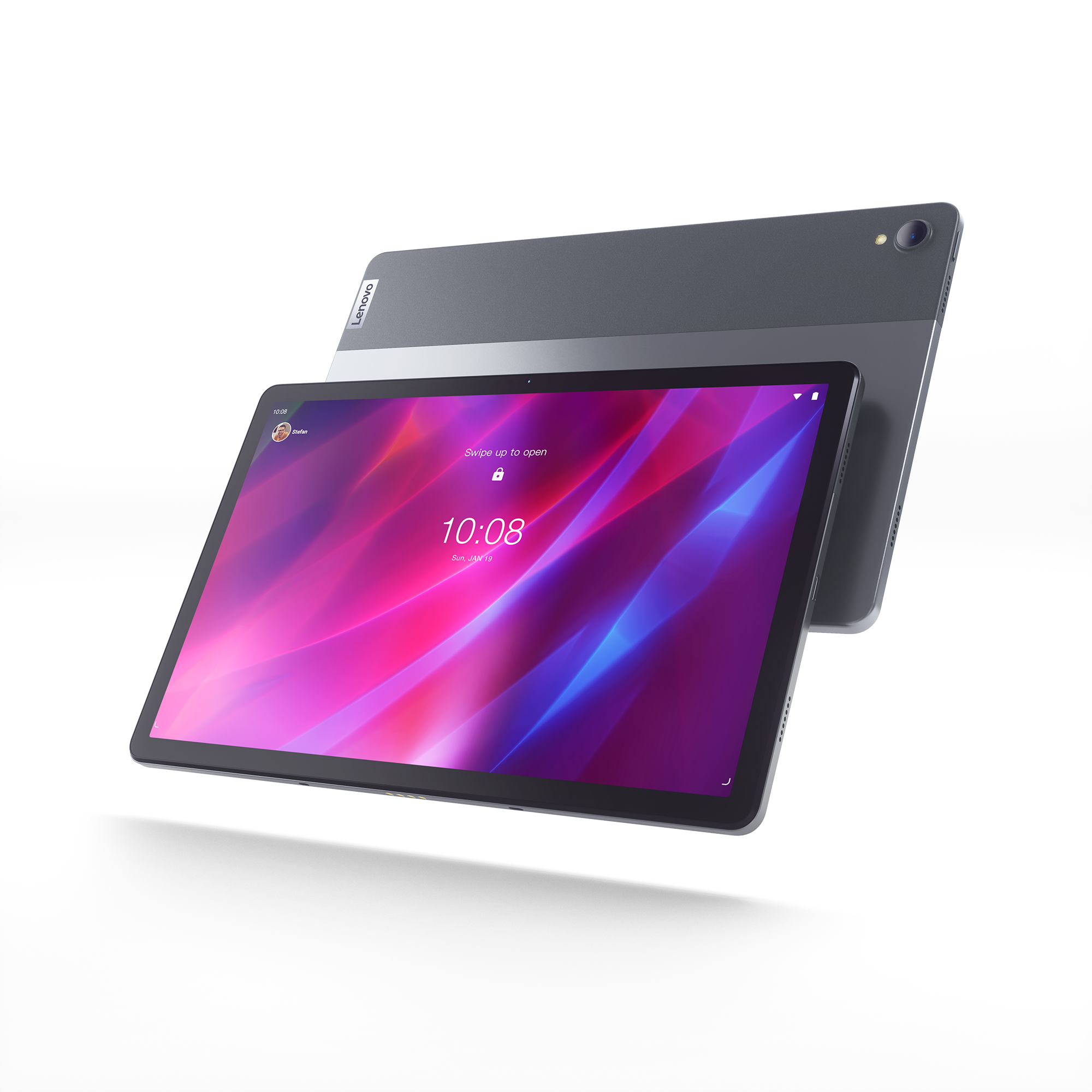 Zwei graue Lenovo-Tablets, eines davor mit farbenfroher Anzeige, das andere dahinter.