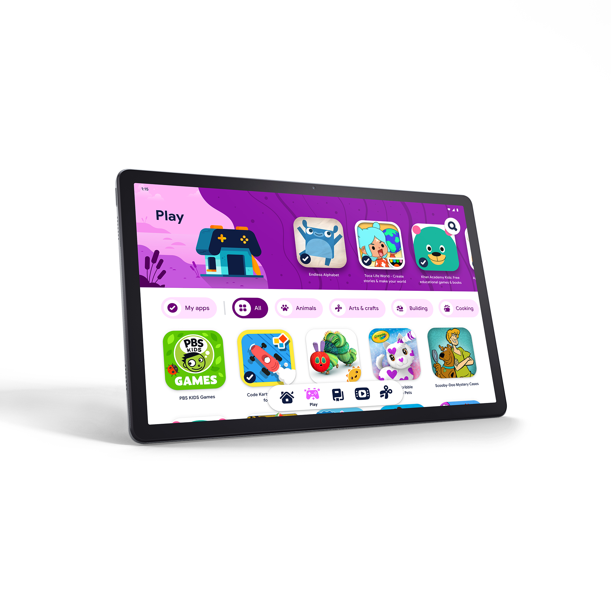 Schwarzes Tablet mit App-Symbolen auf dem Display. Der Bildschirm zeigt verschiedene App-Symbole.
