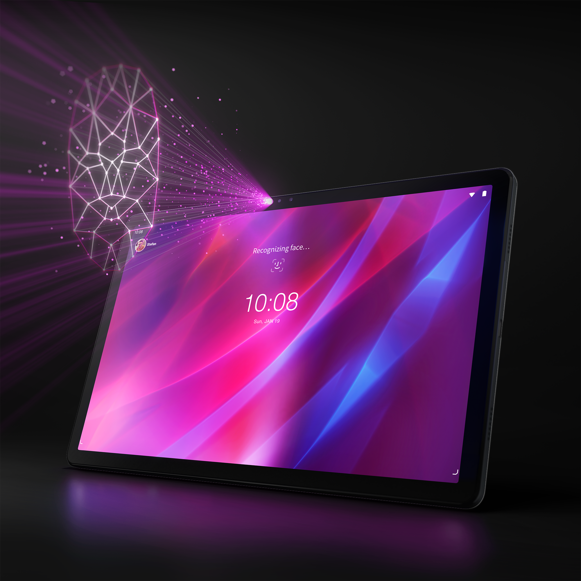 Schwarzes Tablet mit Gesichtserkennungsgrafik und pink/violettem Bildschirm.