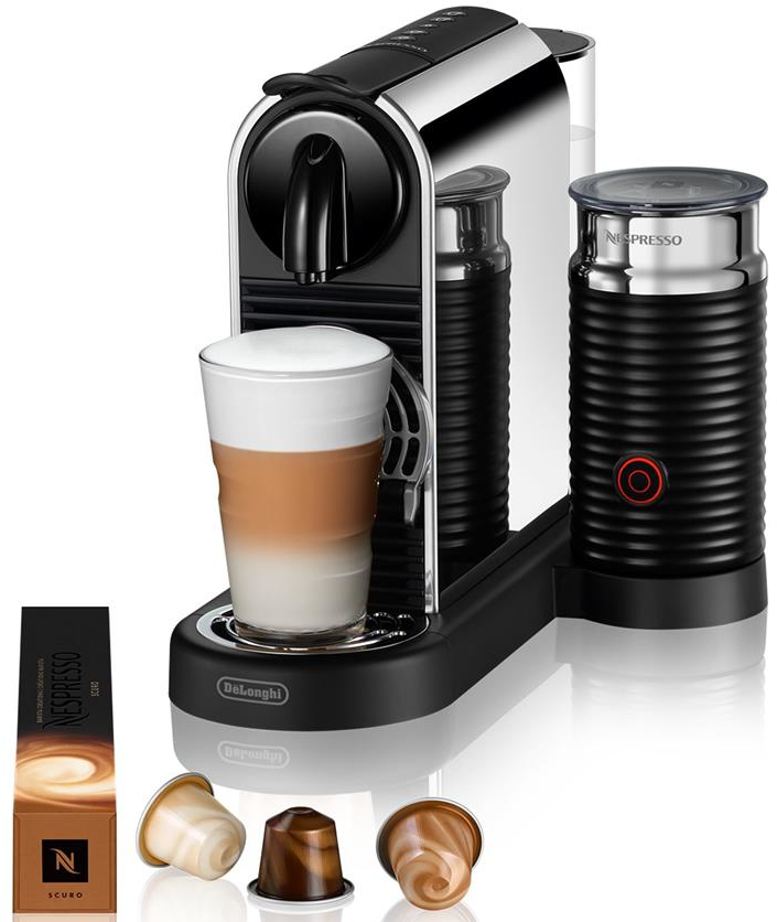 Macchina da caffè Nespresso con latte, capsule e montalatte. Nero e argento.