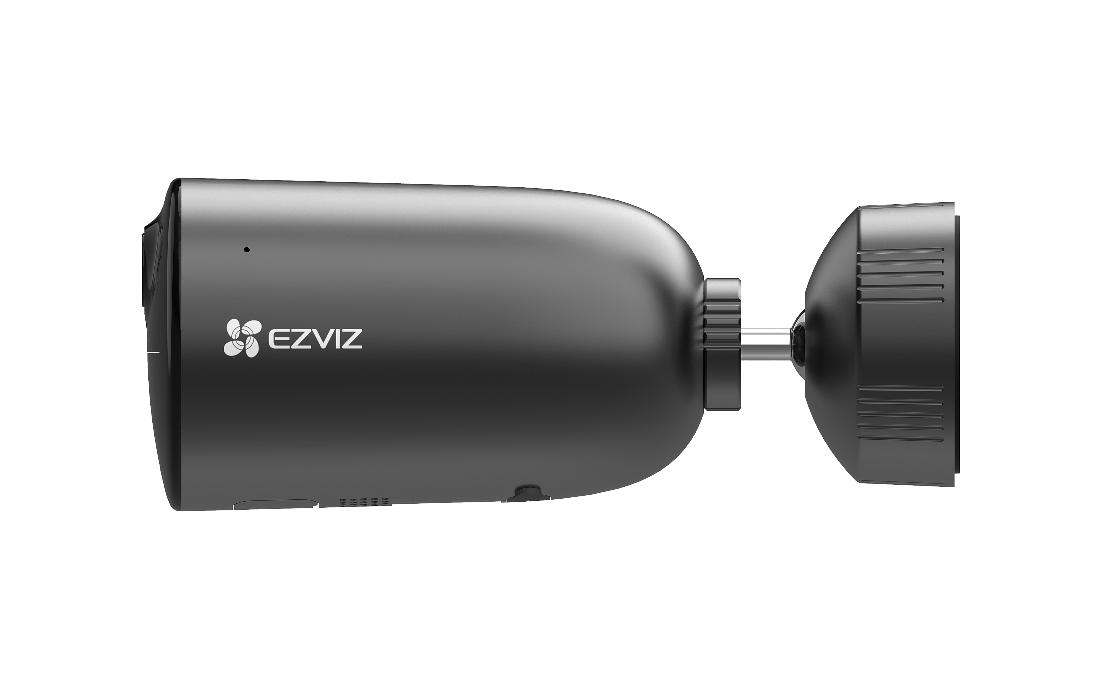 Cámara de seguridad EZVIZ negra. Tiene un cuerpo cilíndrico y un soporte de montaje.