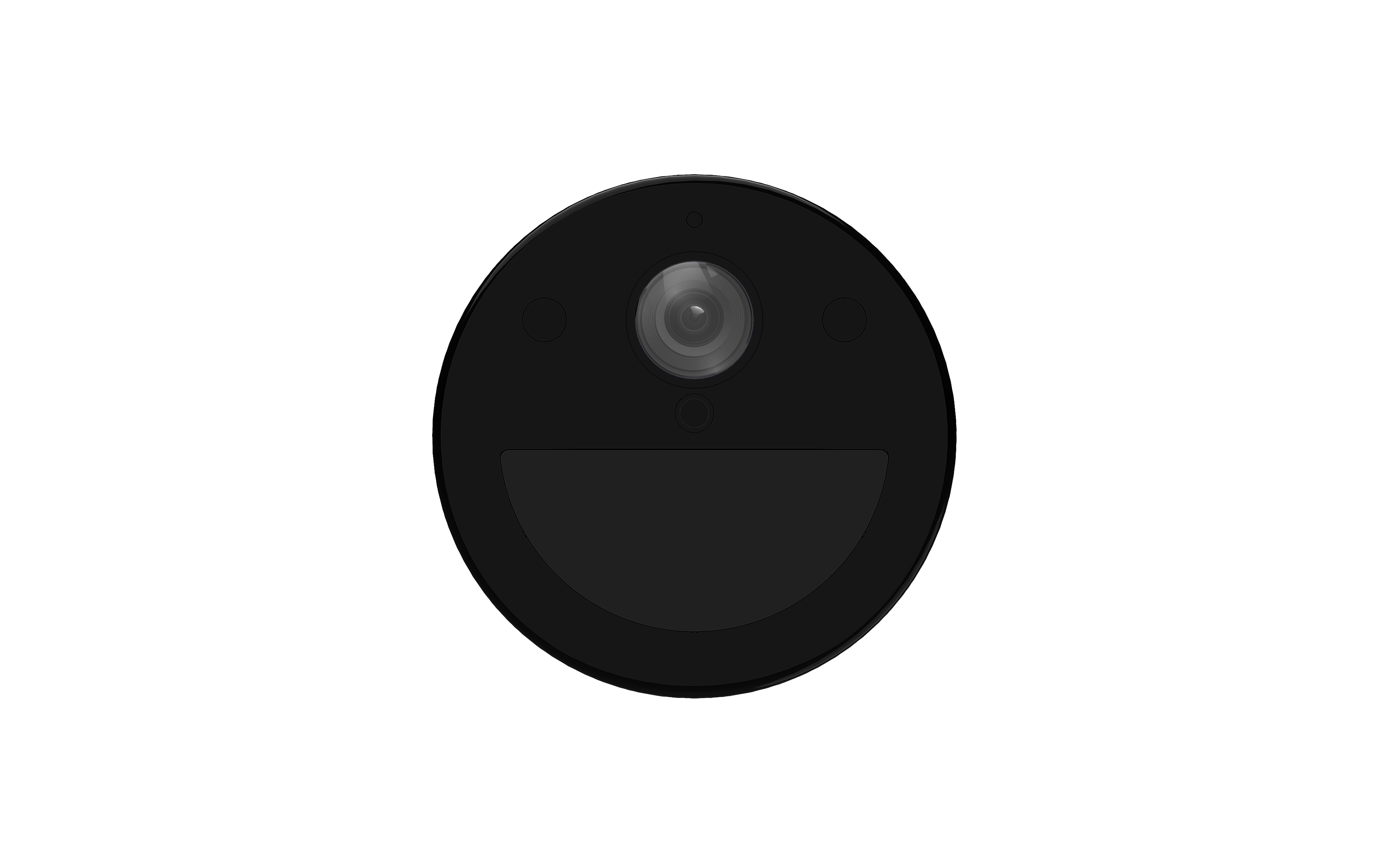 Un dispositivo circular negro con una lente de cámara y un área rectangular pequeña.
