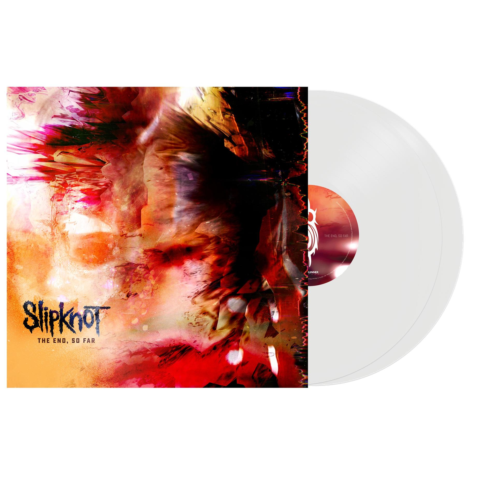 Pochette de l'album de Slipknot : "The End, So Far", avec un vinyle blanc à côté.