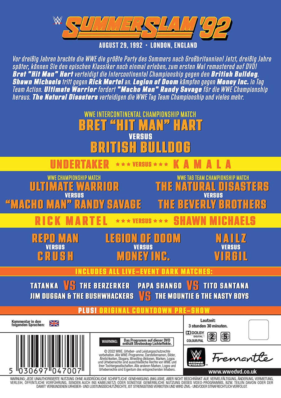 Rückseite der Summerslam '92 DVD. Das Bild zeigt die Match-Liste und die Veranstaltungsdetails.
