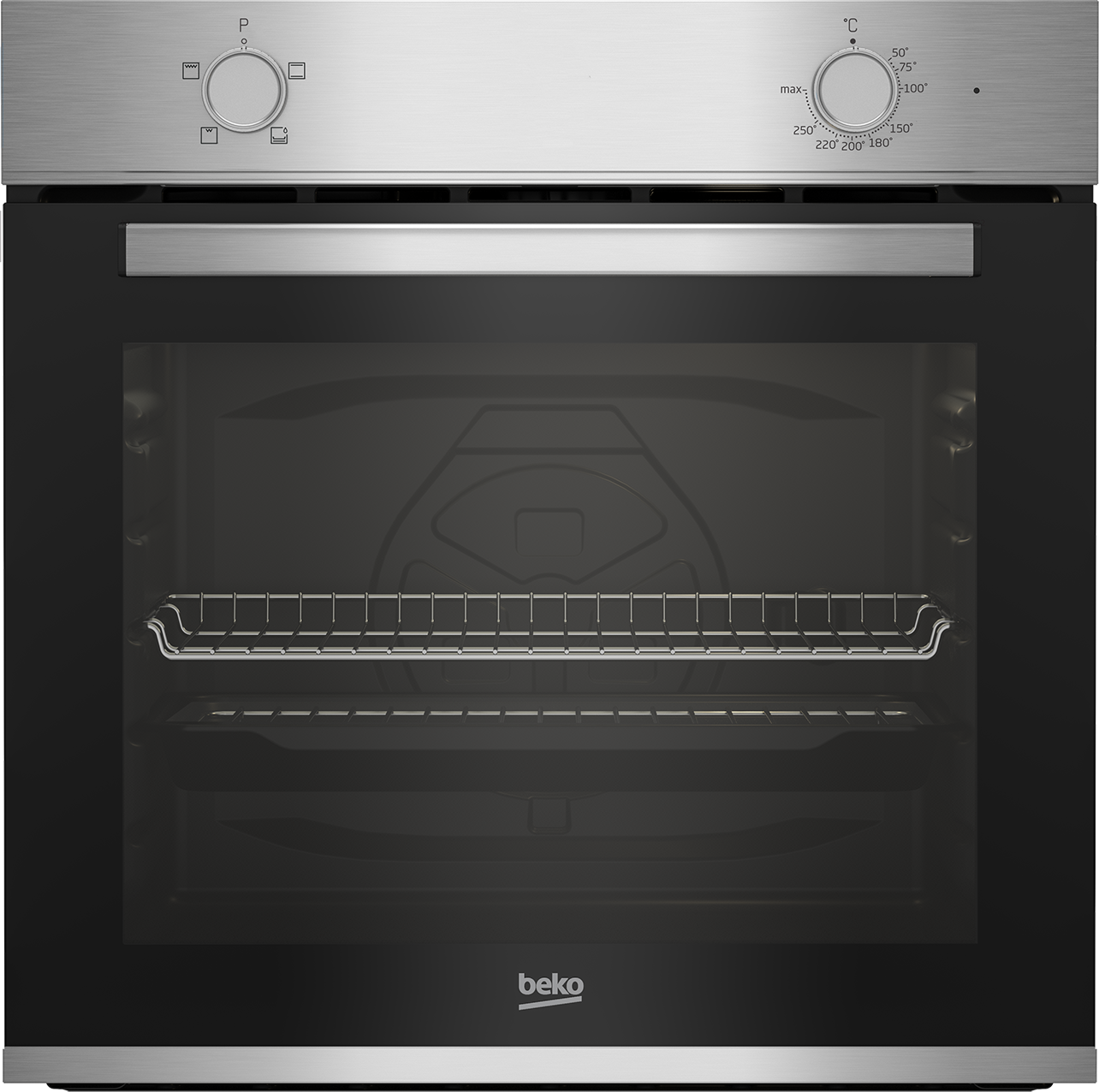 Four encastrable argenté avec porte vitrée, à l'intérieur une grille et le panneau de contrôle.