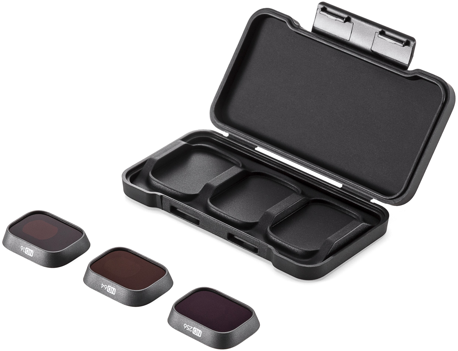Een etui met drie ND-filters, in grijstinten, gebruikt voor fotografie, op een witte achtergrond.