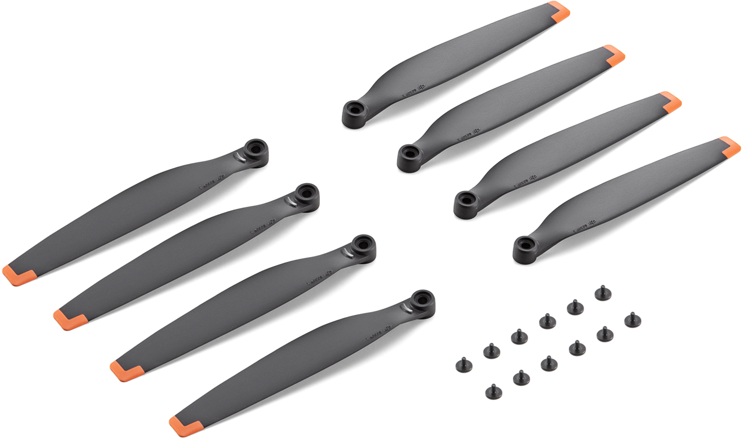 Set drone propellers, grijs met oranje uiteinden. Montageschroeven op de voorgrond.