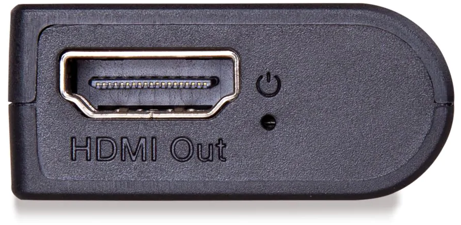 Schwarzer HDMI-Adapter mit HDMI Out-Aufschrift, Ein-/Aus-Taste, weißer Hintergrund.