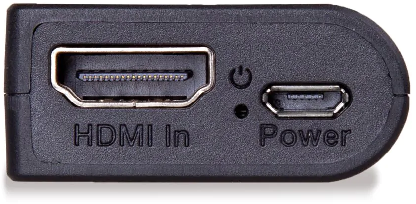 Nahaufnahme eines schwarzen Geräts mit HDMI-Eingang und Stromanschlüssen.