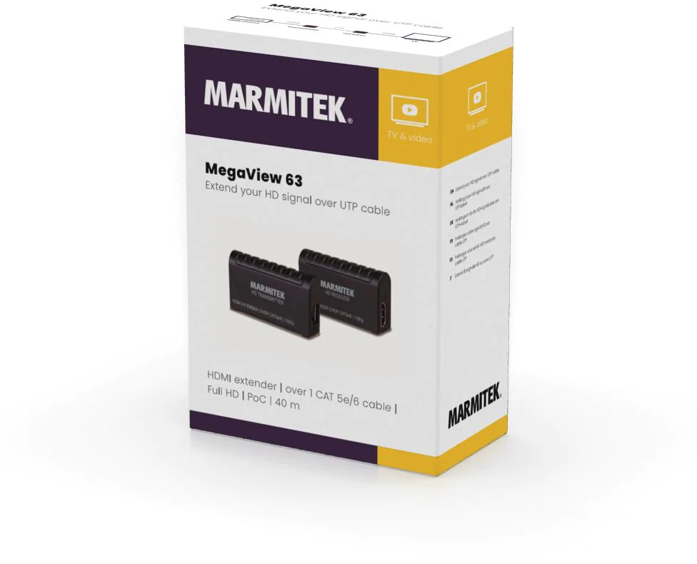 Karton mit MARMITEK-Logo. Zwei schwarze HDMI-Extender sind sichtbar.