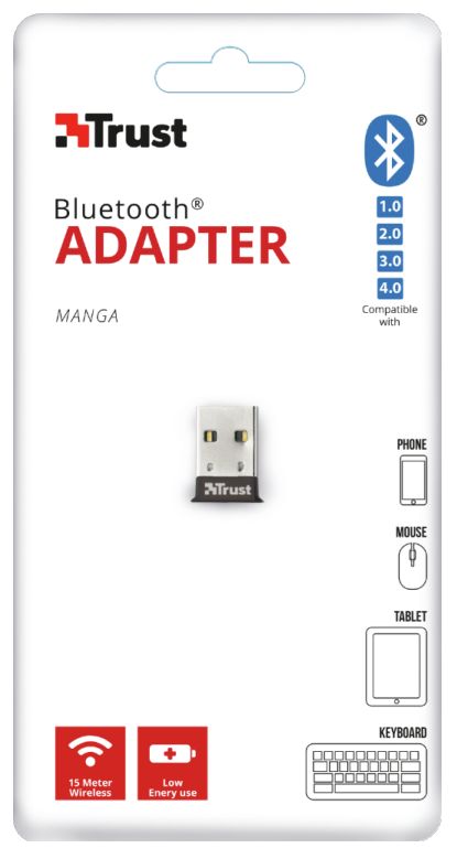 Fehér és kék Trust Bluetooth adapter csomagolása, adapterrel és eszköz ikonokkal.