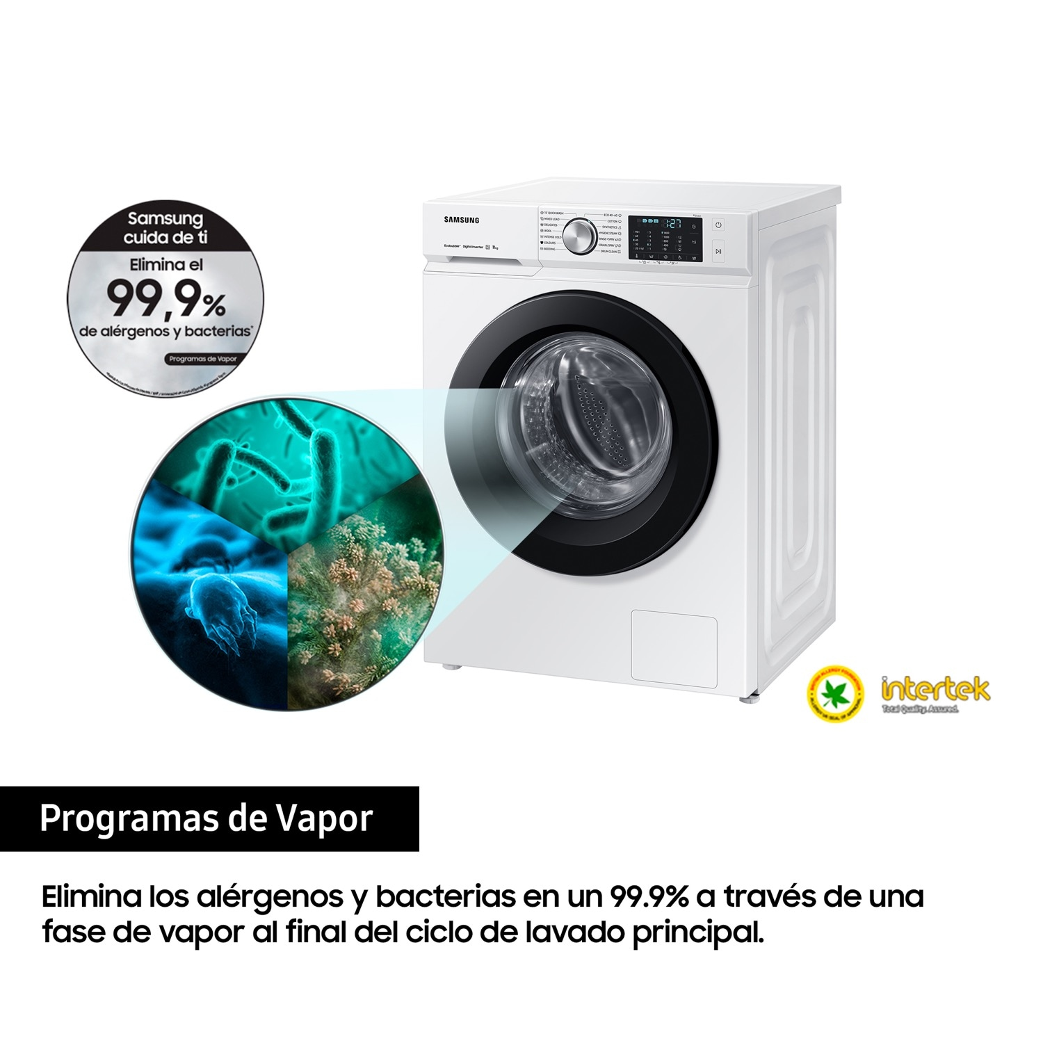 Lavadora blanca con puerta de cristal, infografías sobre la eliminación de alérgenos y bacterias.
