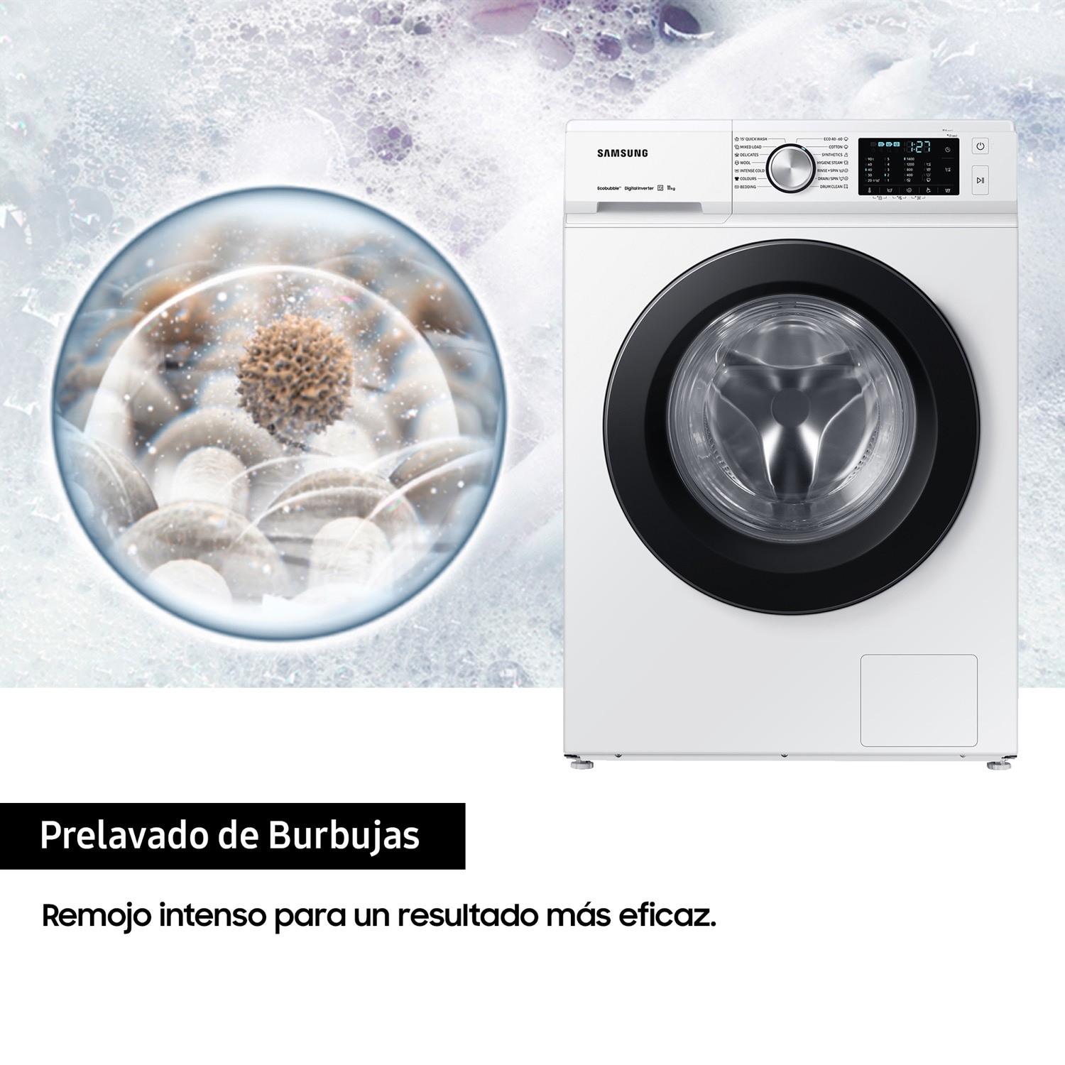 Una lavadora blanca con puerta negra, y un primer plano de burbujas, con texto debajo.
