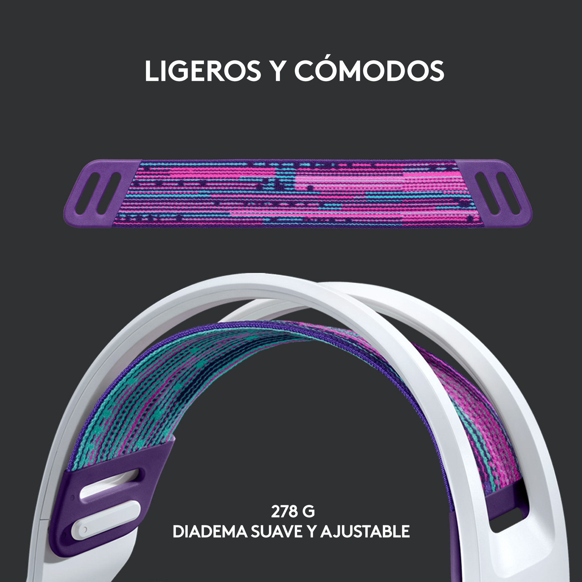 Auriculares con arcos blancos, diadema de tela morada y azul, y detalles morados. Texto: Ligeros y cómodos, 278 G, Diadema suave y ajustable.