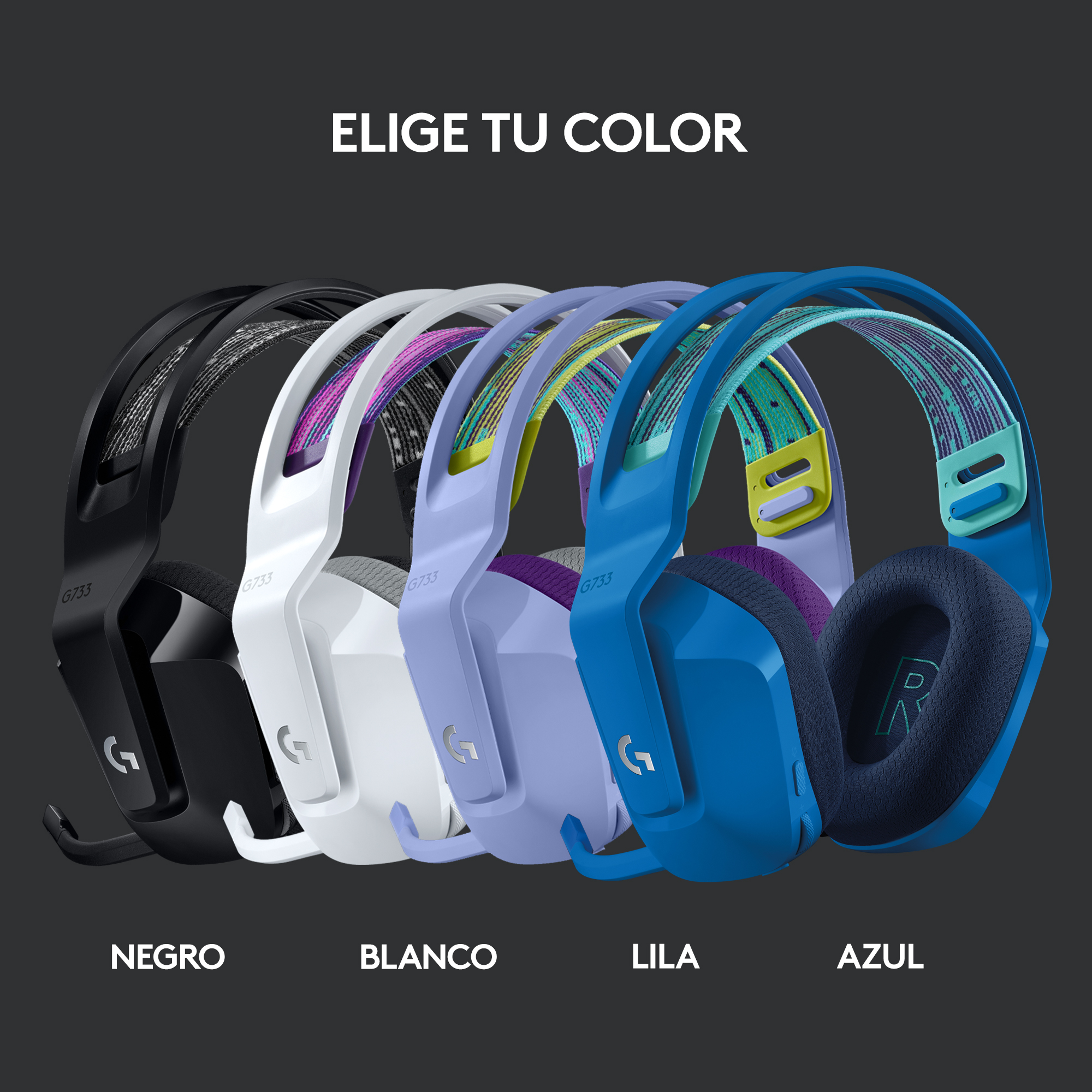 Auriculares en negro, blanco, morado y azul, con un fondo oscuro.