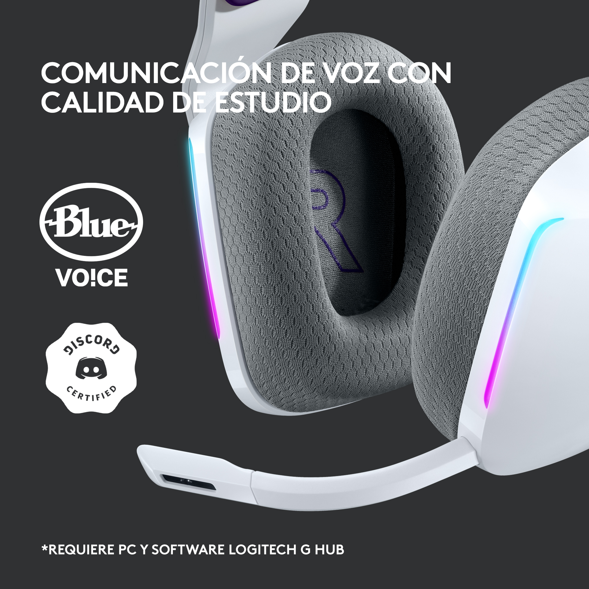 Auriculares blancos con micrófono. El fondo es blanco con texto y logotipos.