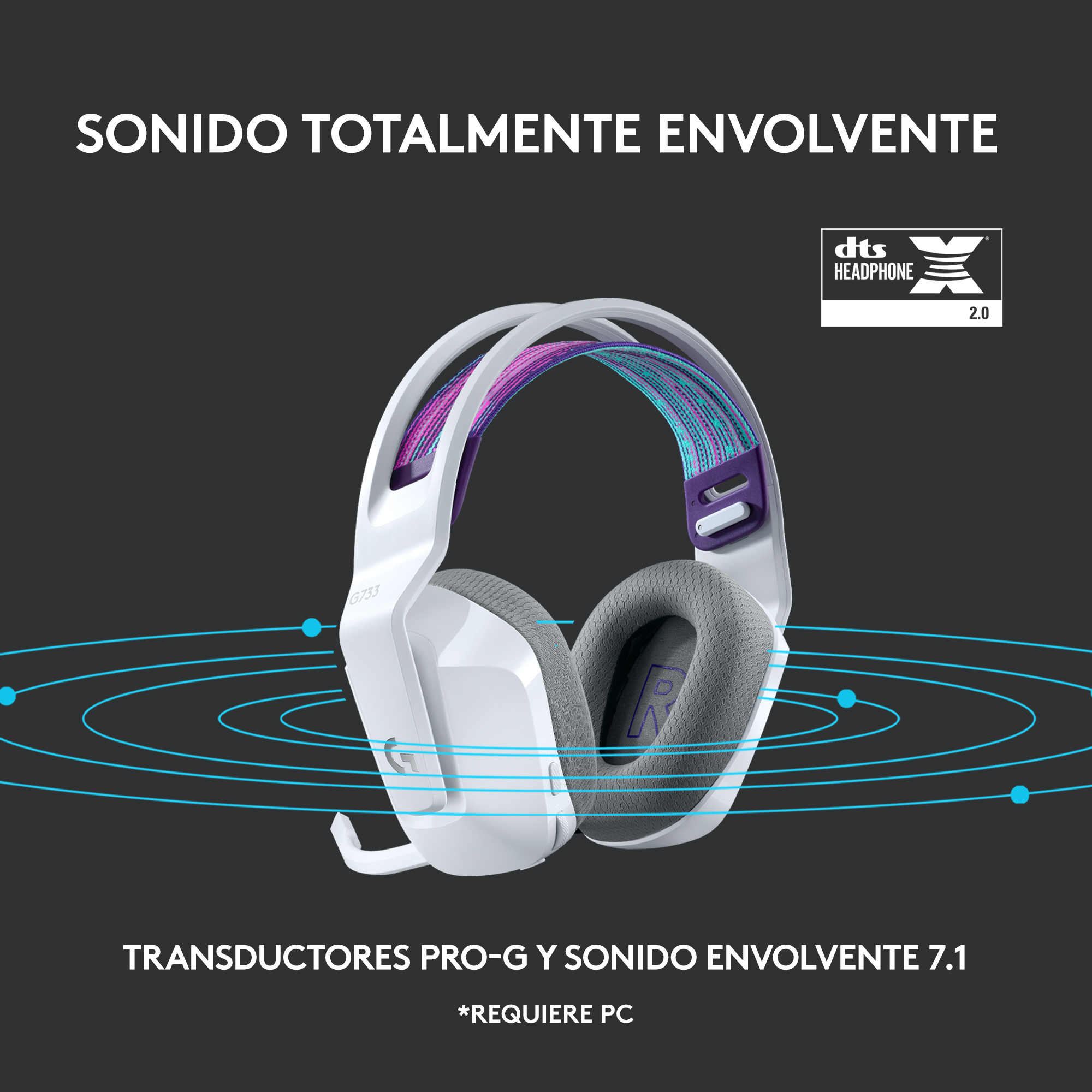 Auriculares gaming blancos con detalles azules. La imagen destaca el sonido envolvente y las funciones.