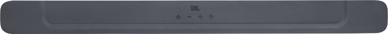 Una soundbar JBL grigio scuro con pulsanti del volume e di accensione visibili.