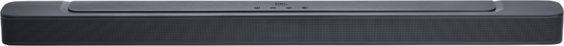 Una soundbar grigio scuro con il logo JBL e i pulsanti di controllo sulla parte superiore.
