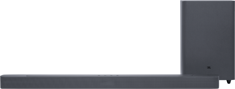 Una configurazione di soundbar e subwoofer grigio scuro su sfondo nero.