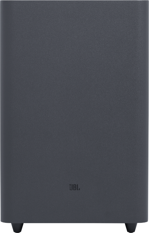 Un subwoofer JBL grigio scuro con un design rettangolare semplice e quattro piedini. Il logo JBL è visibile.