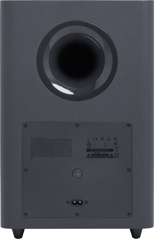 Vista posteriore di un subwoofer grigio. Il retro presenta una porta, un pannello con testo e collegamenti elettrici.