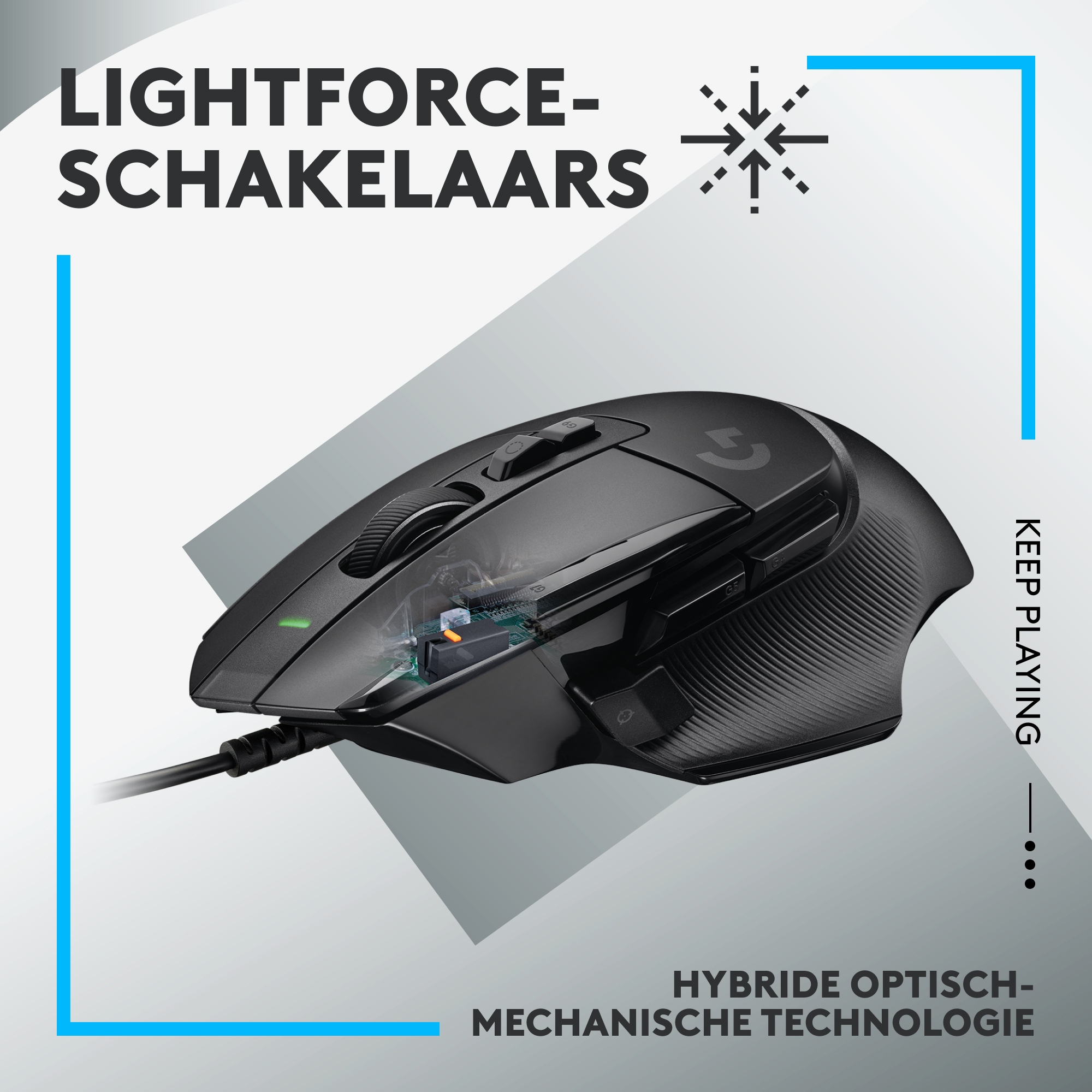 Black gaming mouse with text overlay and a blue border.