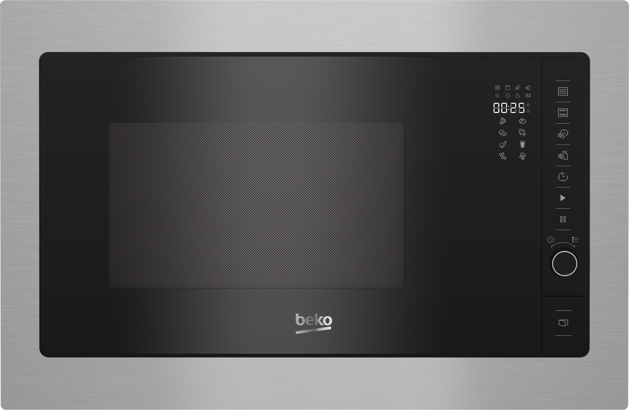 Un micro-ondes argenté avec une porte noire. L'écran affiche 00:25. Boutons à droite.