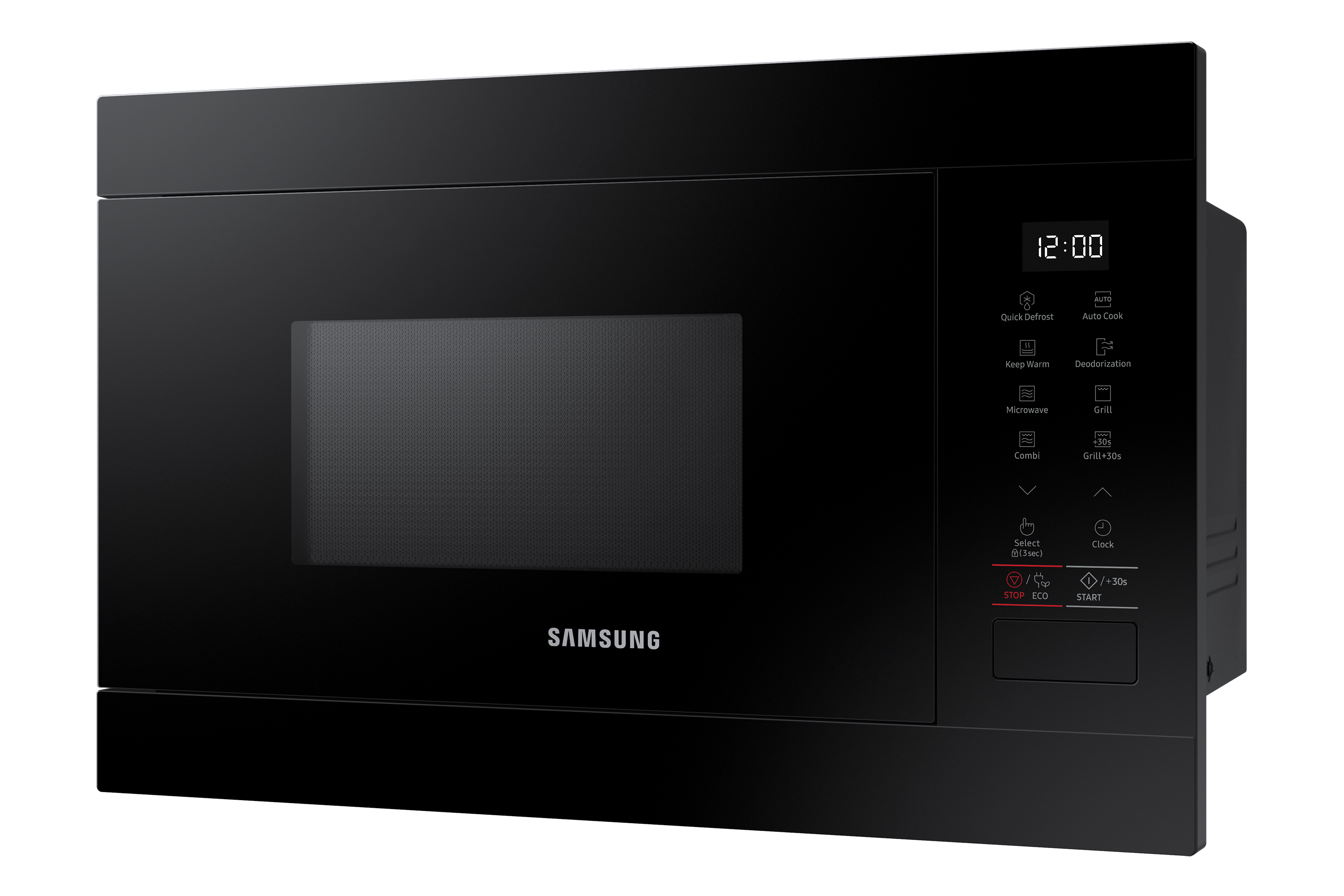Horno microondas negro con reloj digital y botones de control.