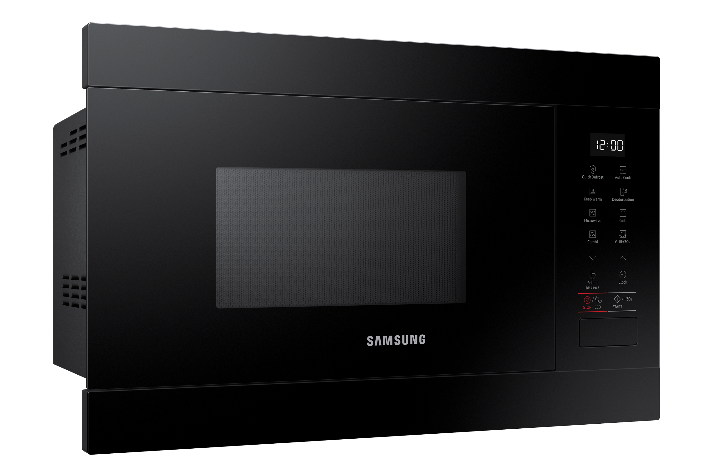 Microondas Samsung negro con panel de control y puerta.