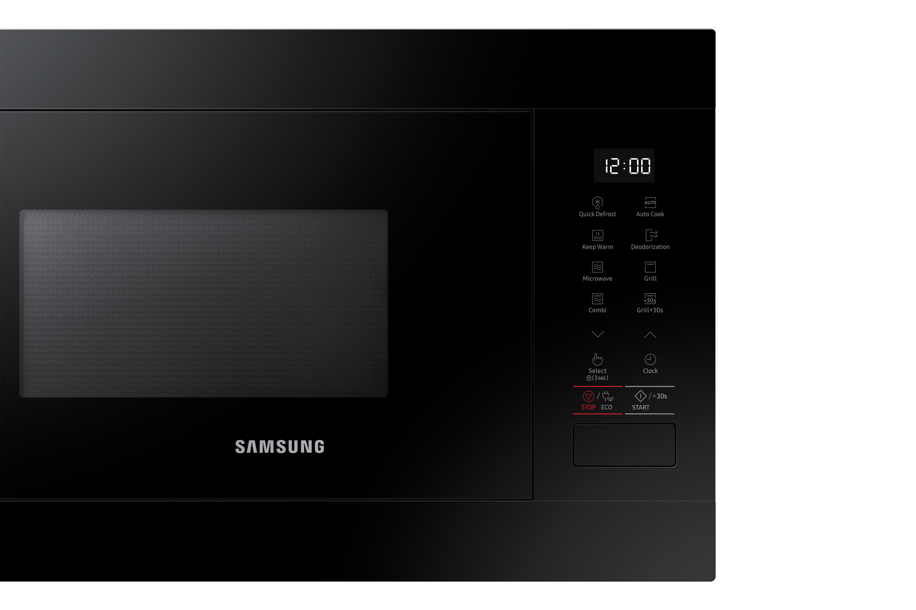 Microondas negro con pantalla digital y panel de control a la derecha.