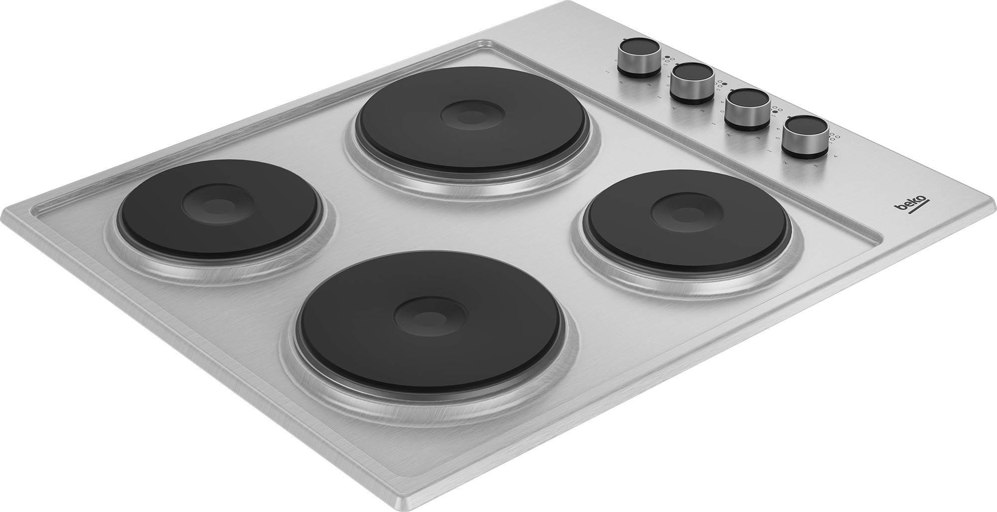 Stainless steel electric cooktop with four circular burners and control knobs at the top.