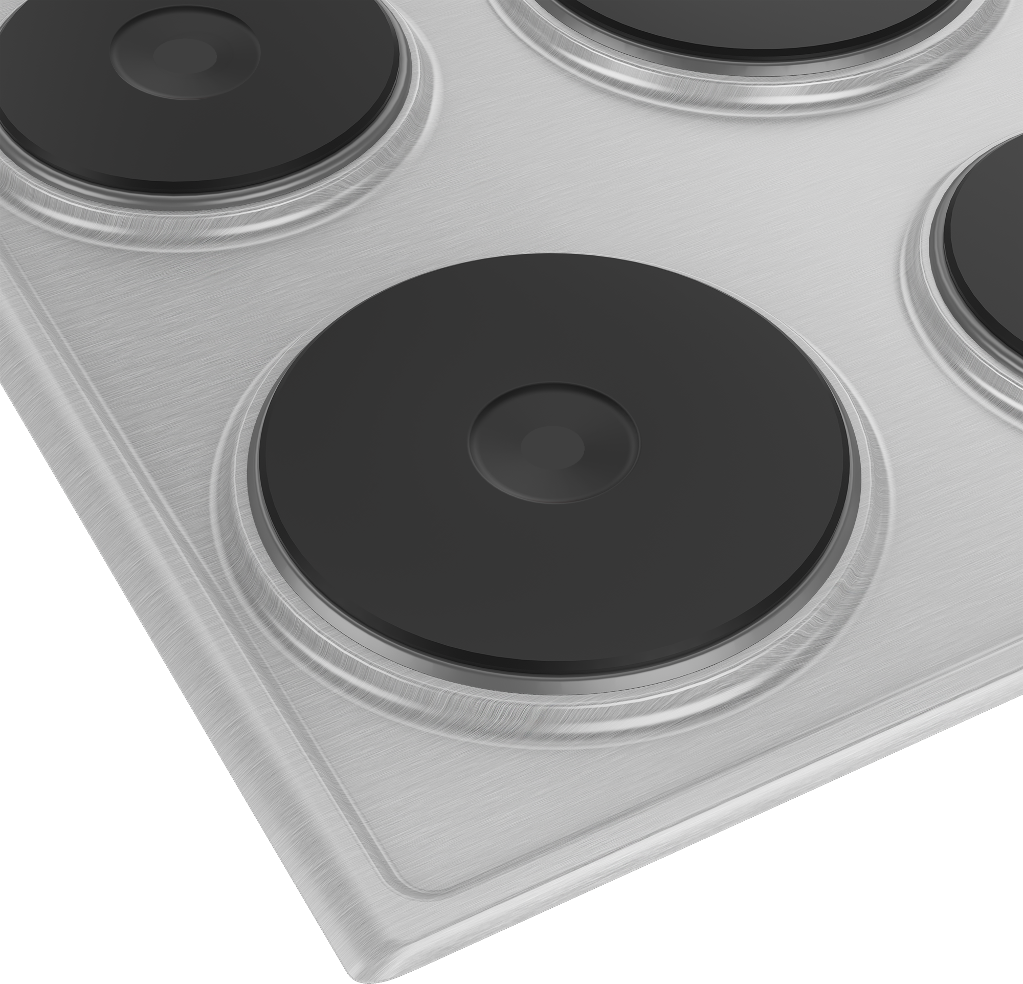 Close up of a stainless steel cooktop with four black round burners.