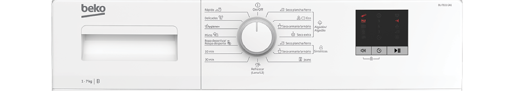 El panel de control de una lavadora, con un dial central y botones.