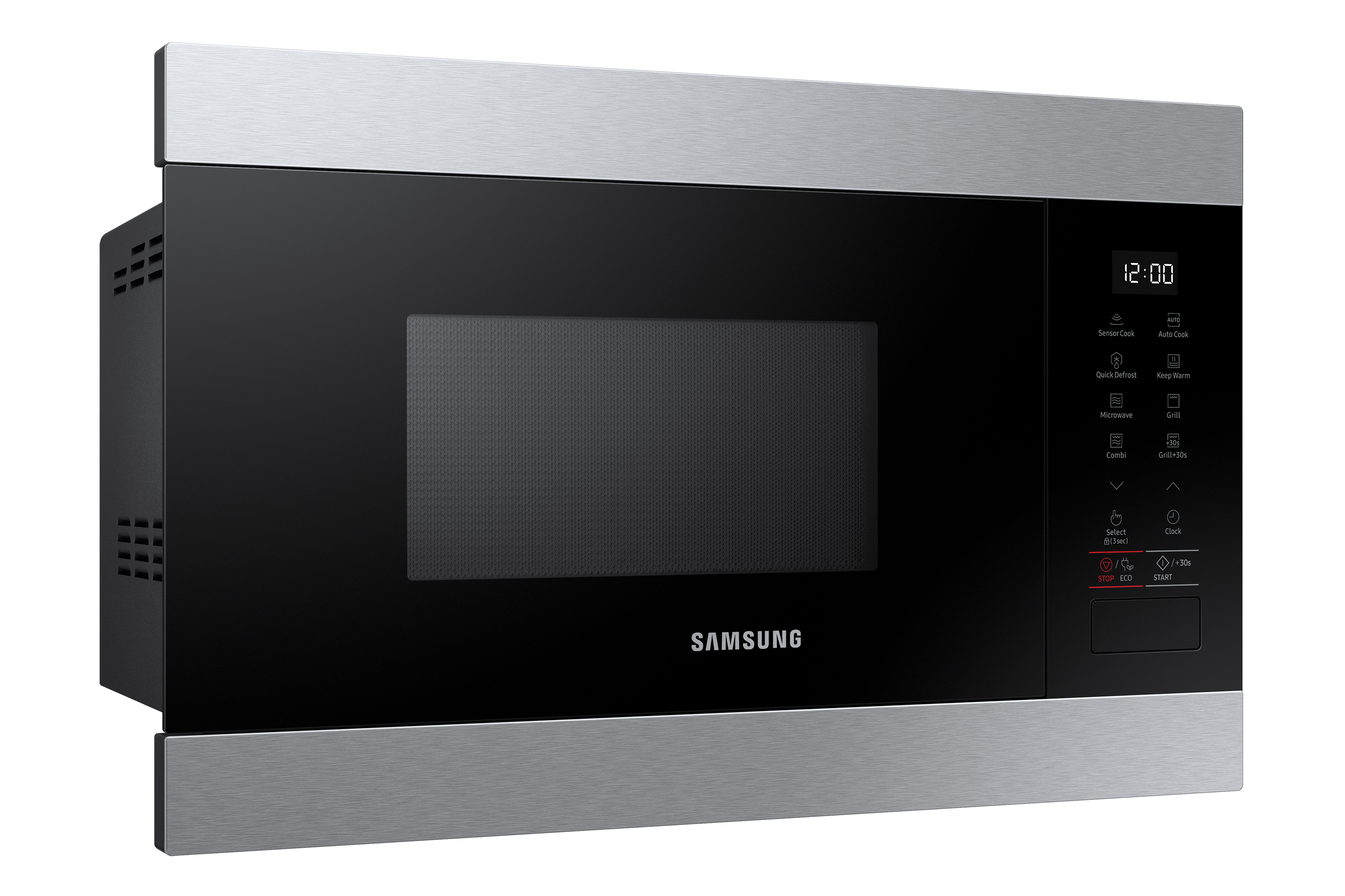 Horno microondas negro con marco metálico, reloj digital y botones de control.