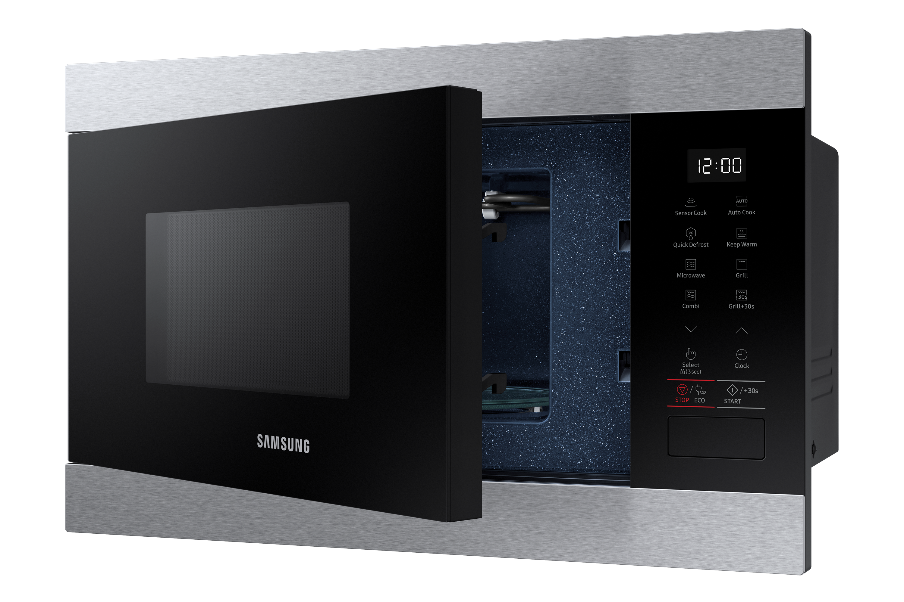 Microondas Samsung plateado con puerta abierta, interior negro, panel de control y pantalla digital.