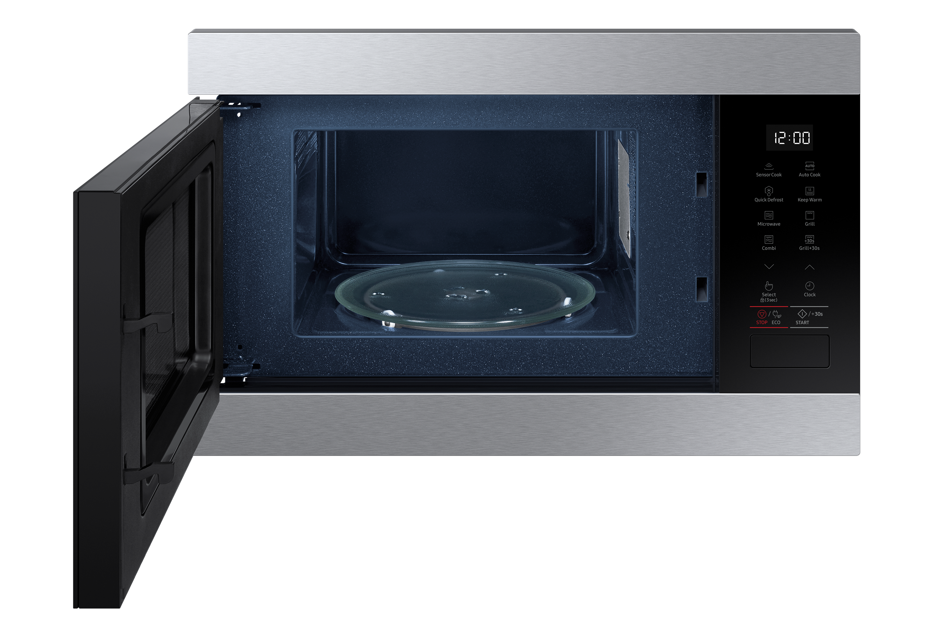 Horno microondas con la puerta abierta, interior visible, con un plato de cristal.