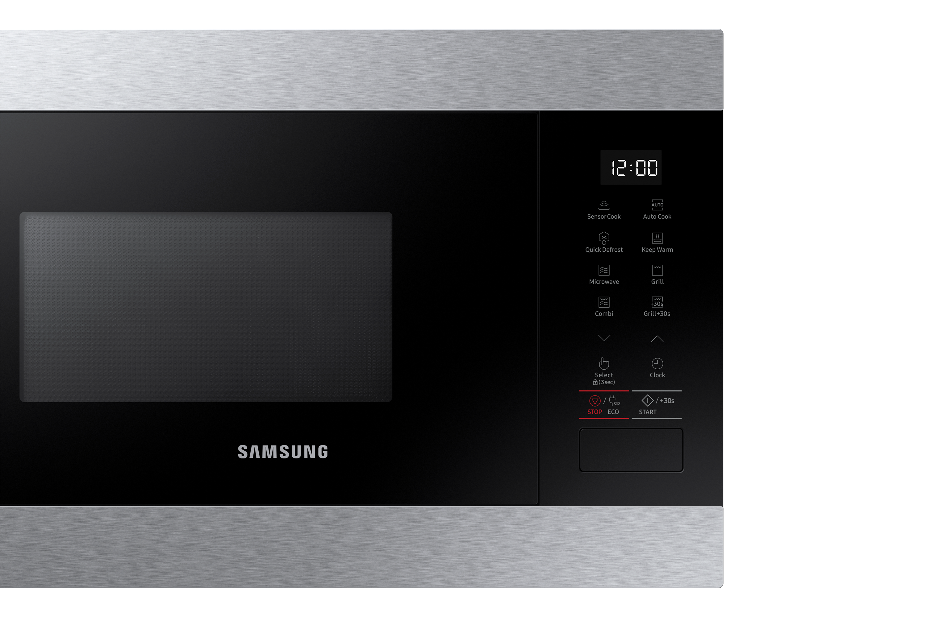 Un horno microondas Samsung negro con una pantalla digital que muestra 12:00 y botones de función.