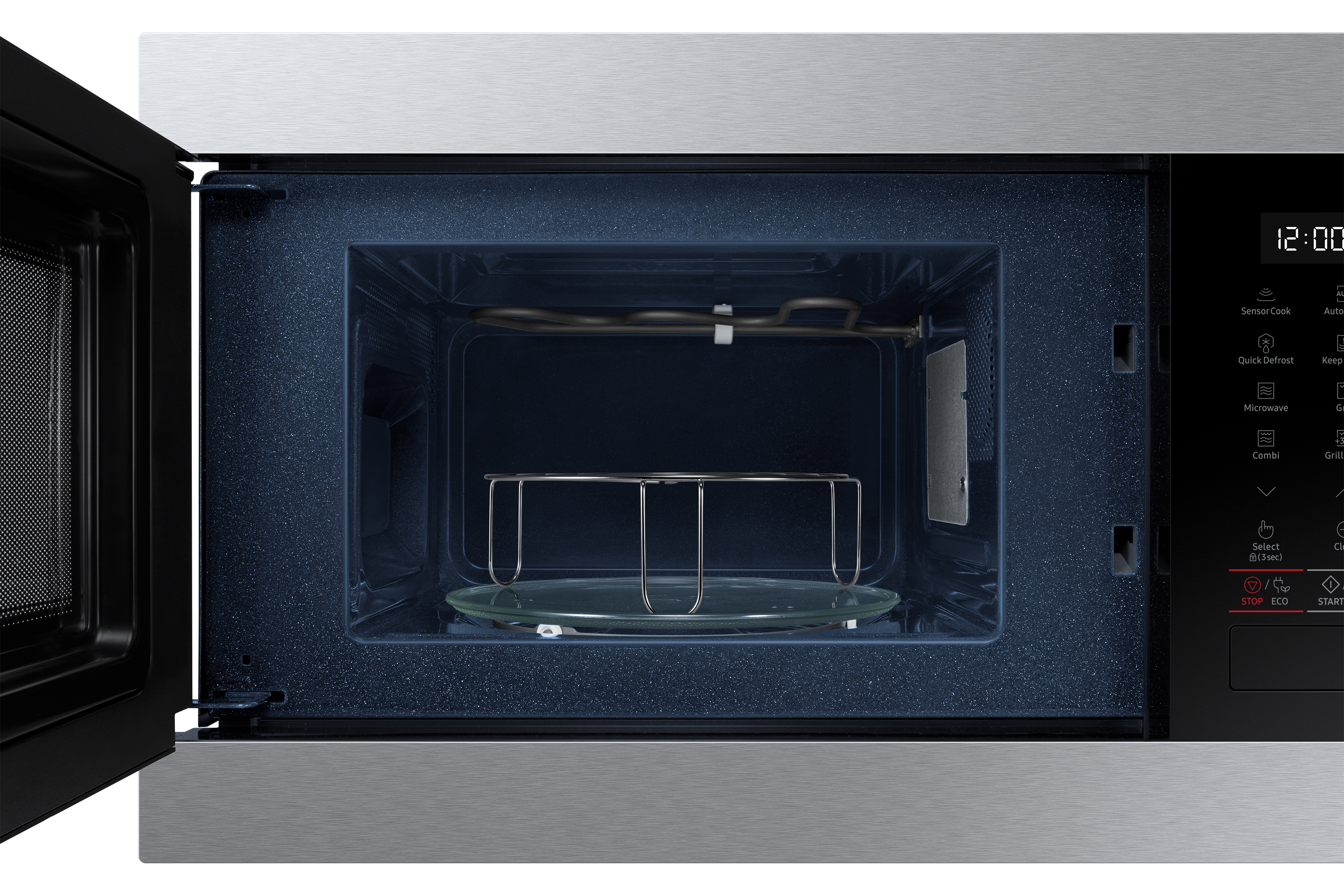 Interior de un horno microondas Samsung con plato de vidrio y rejilla metálica.