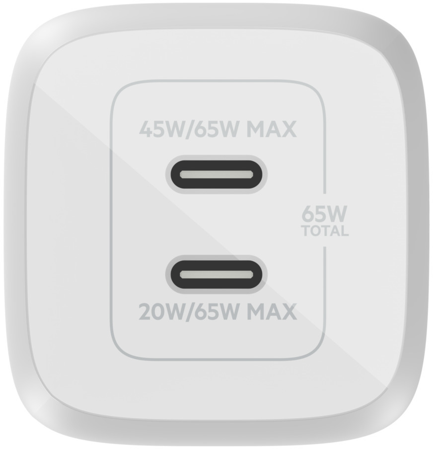 Chargeur blanc avec deux ports USB-C. Il affiche les puissances : 45W/65W MAX et 20W/65W MAX. On lit "65W TOTAL".