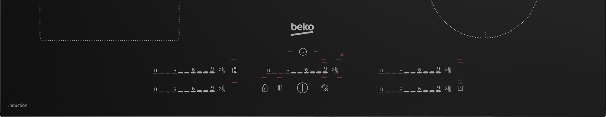 Zwarte inductiekookplaat met aanraakbediening en Beko-logo.