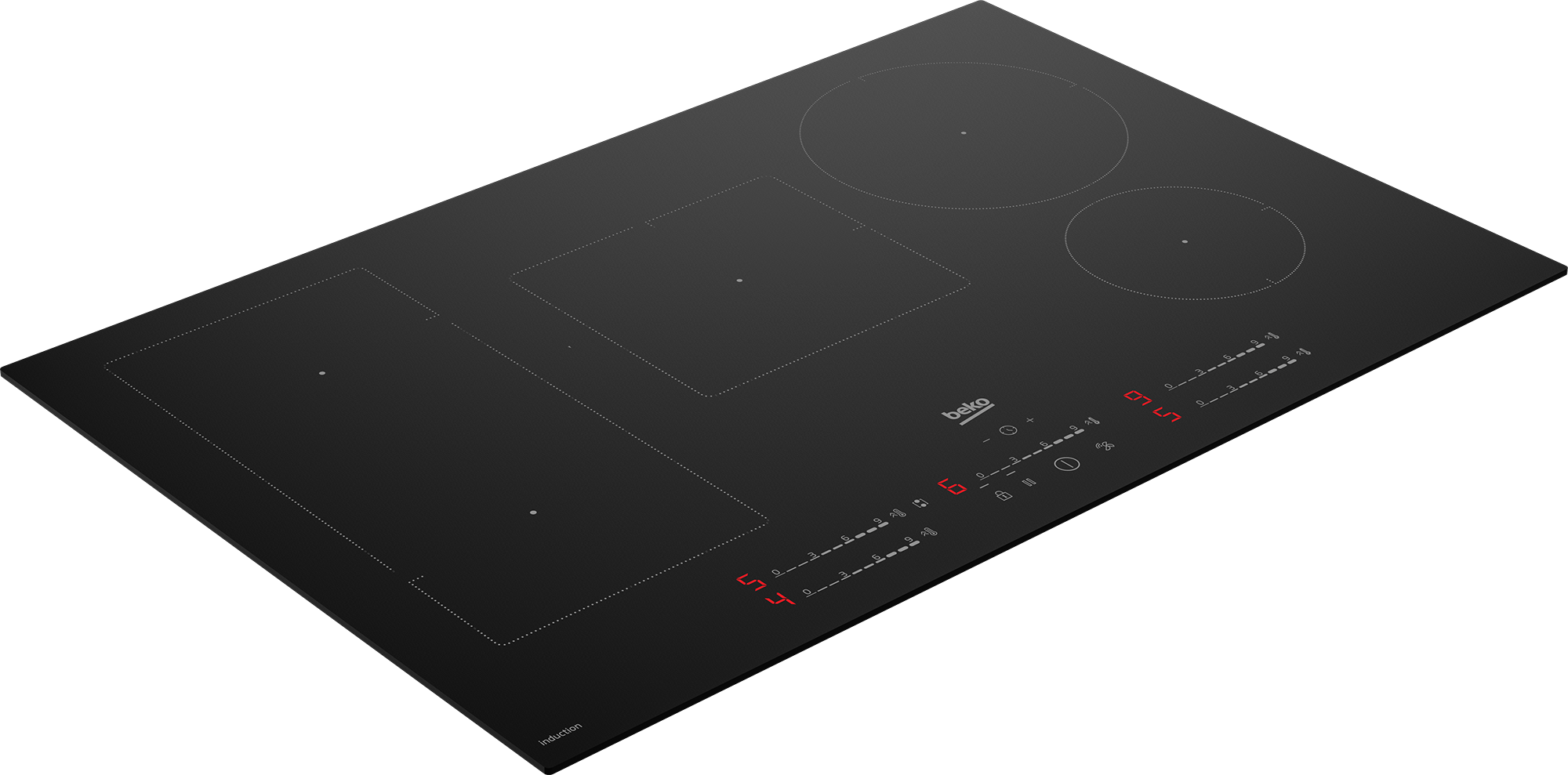 Zwarte inductiekookplaat met vier kookzones en digitale displays.